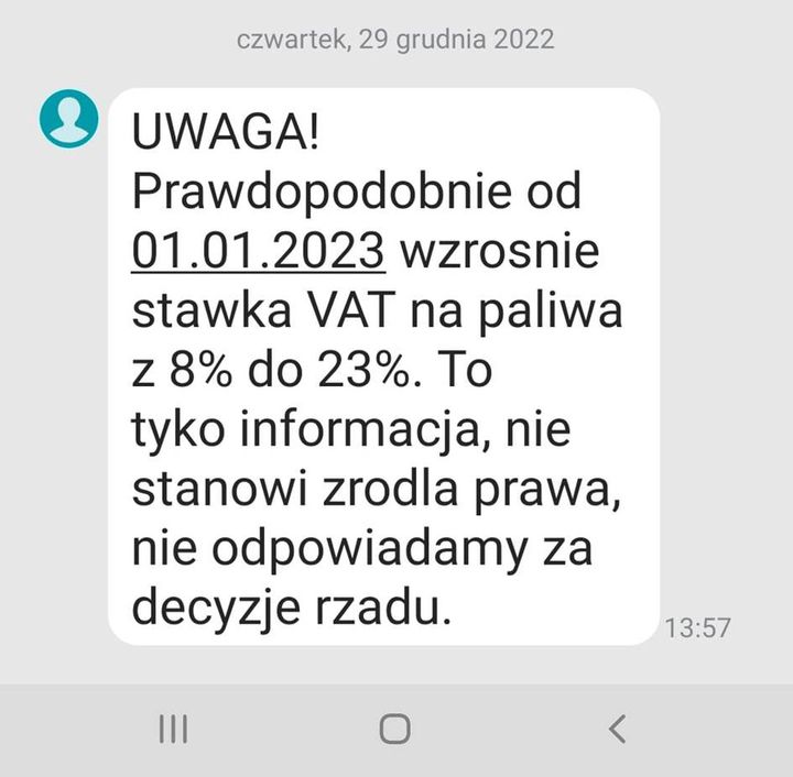 Takie informacje wysyłają swoim klientom niektóre stacje paliw. Od nowego roku VAT na paliwa…