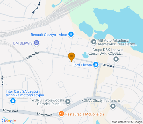 Mapa dojazdu do hurtowni motoryzacyjnej w miejscowości Olsztyn