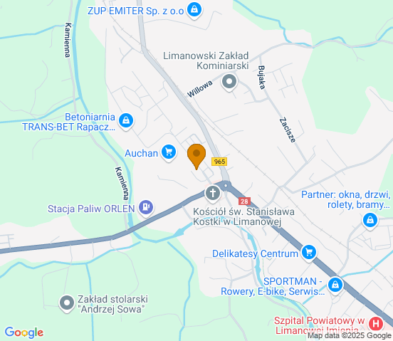 Mapa dojazdu do warsztatu samochodowego w miejscowości Limanowa