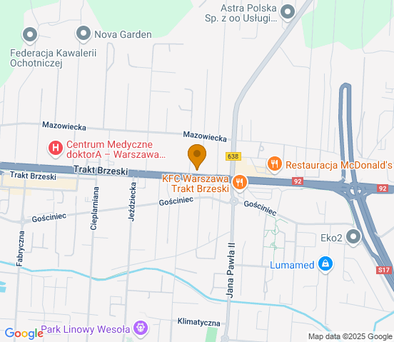 Mapa dojazdu do warsztatu samochodowego w miejscowości Warszawa