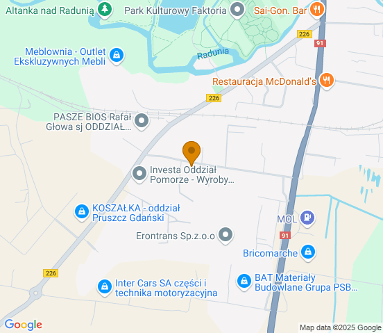 Mapa dojazdu do warsztatu samochodowego w miejscowości Pruszcz Gdański