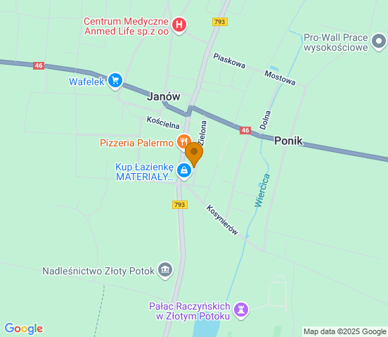 Mapa dojazdu do warsztatu samochodowego w miejscowości Janów