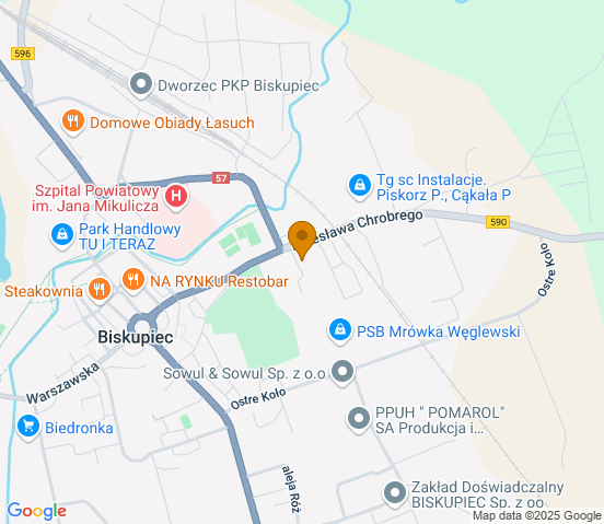 Mapa dojazdu do warsztatu samochodowego w miejscowości Biskupiec